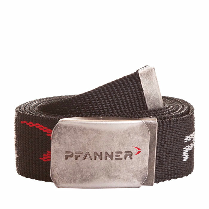 Ceinture 3, ceinture noire avec boucle en métal argenté avec l’inscription « PFANNER »