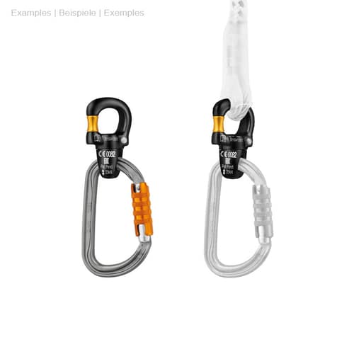 Micro Swivel de Petzl en noir avec articulation pivotante dorée reliée à un mousqueton gris, deux variantes côte à côte