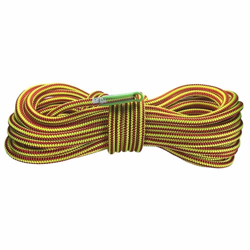 Corde spiralée XP-e Highlight avec motif rouge et jaune et housse de protection verte sur la boucle
