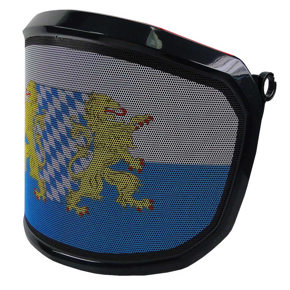 Visière PROTOS Special Edition avec cadre noir, vue latérale du motif avec deux lions dorés et motif de losanges bleus® et blancs derrière une calandre noire et un anneau de fixation