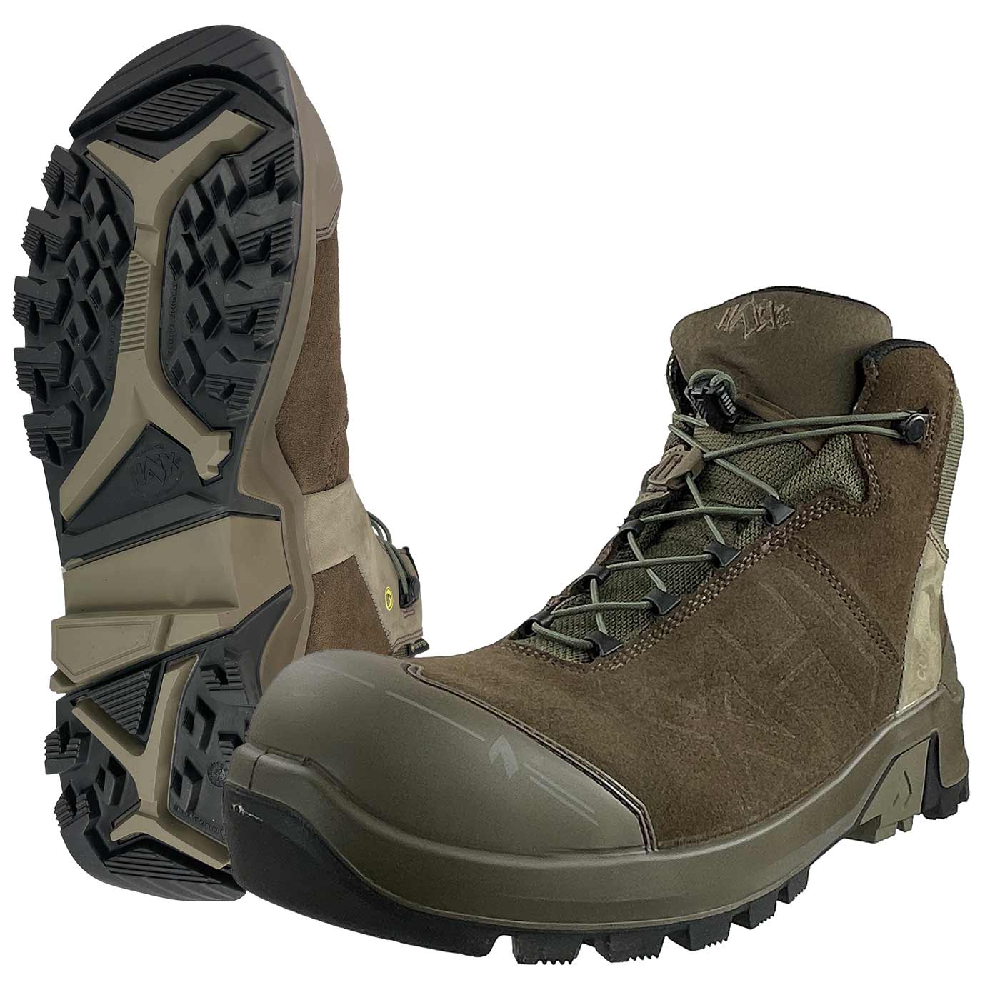 Connexis Safety+ GTX Mid Chaussure de sécurité marron avec système de laçage vert et semelle robuste, vue de face et de dessous