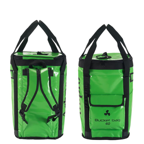 Vue arrière et avant du sac à dos seau vert 40 d’Airpro avec bretelles noires et poche avant