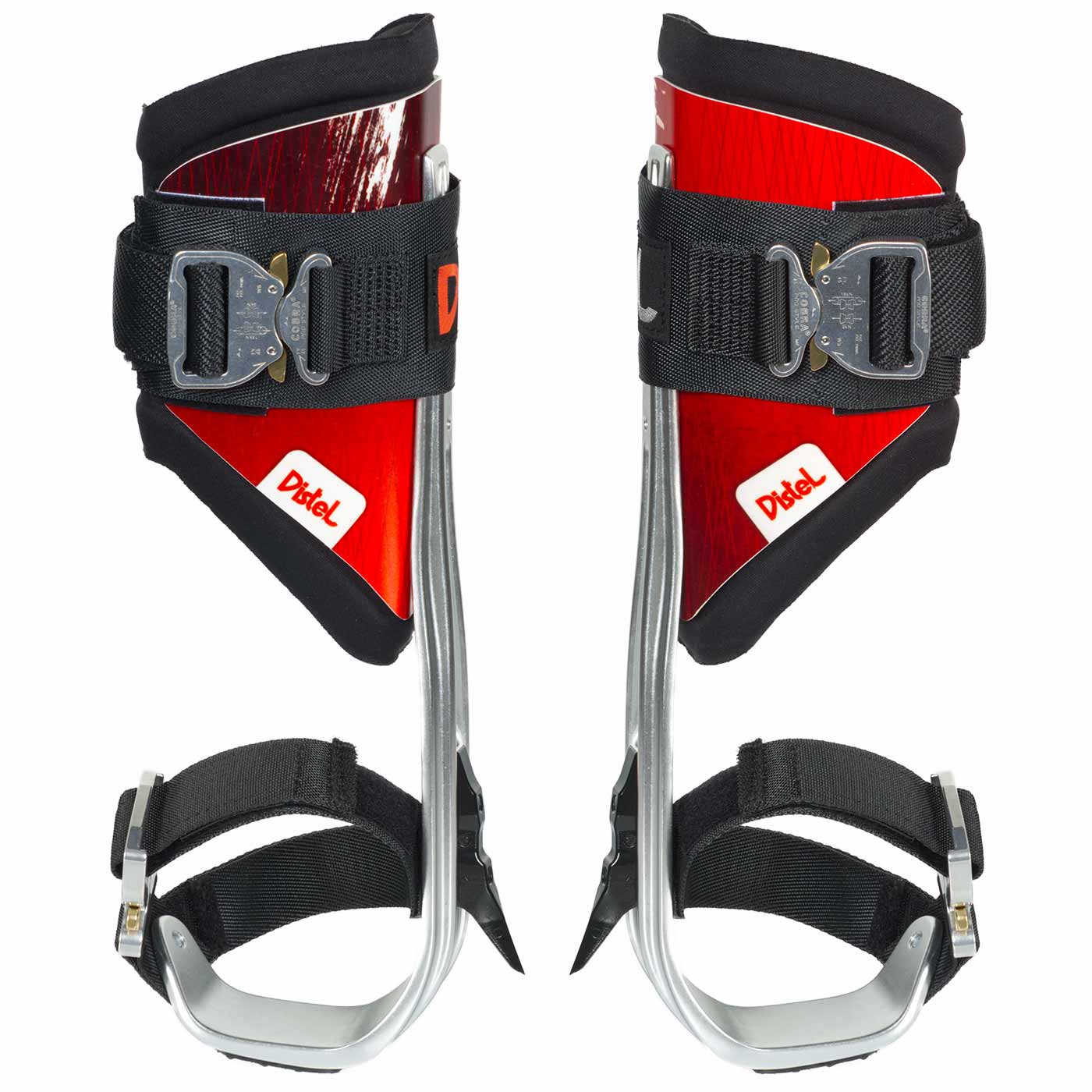 Distel Alu PLUS Click by Distel, paire d’étriers en aluminium avec plaques en plastique rouge, velcro noir et sangles à boucle