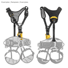 Top Croll by Petzl, vue avant et arrière du harnais bloqueur de poitrine noir avec tissu en maille grise et bloqueur jaune, avec des silhouettes de harnais semi-transparent gris en arrière-plan