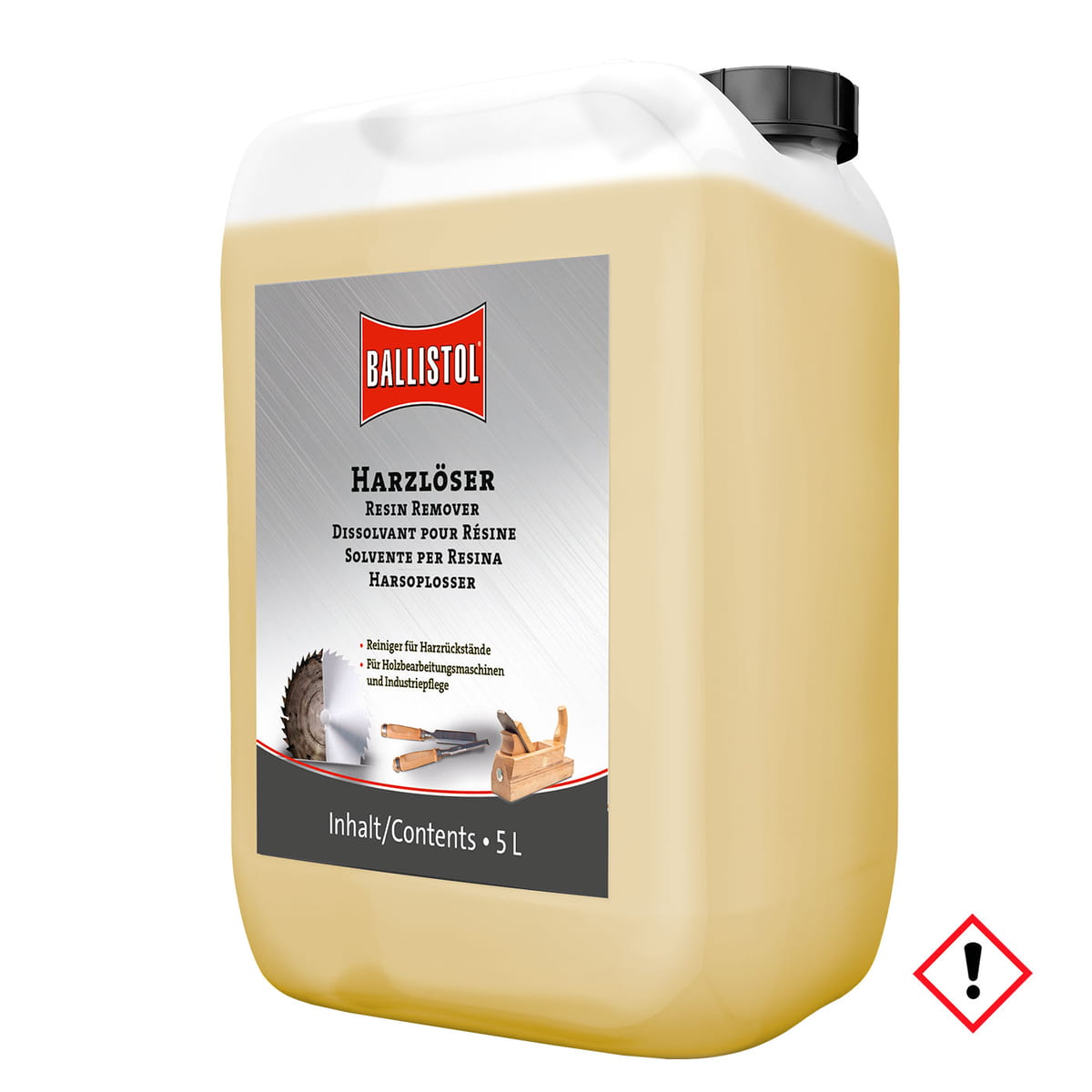 Ballistol Resin Solvent 5.0, bidon de 5 litres avec liquide jaunâtre et bouchon à vis noir, l’étiquette indique Resin Remover en plusieurs langues et le logo Ballistol