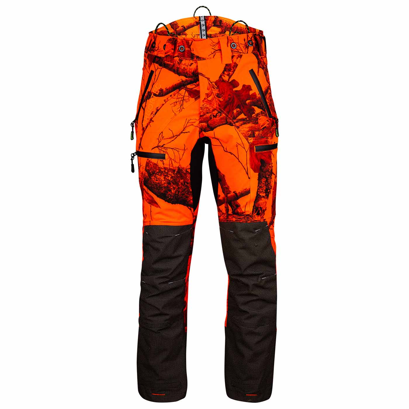 Pantalon Breatheflex Pro Realtree orange avec motif camouflage noir et renforts genoux noirs, devant avec plusieurs poches zippées