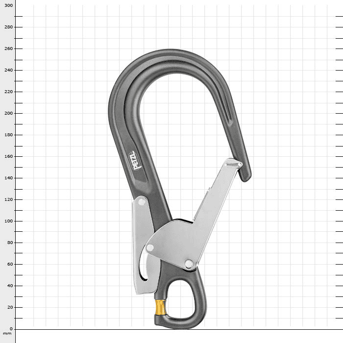 Mousqueton MGO Open 60 de Petzl en noir avec fermoir de sécurité argenté et verrou tournant jaune en bas, dos apparent, sur fond blanc