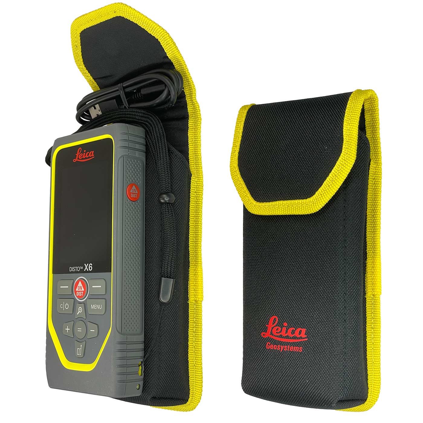 Télémètre laser Leica Disto X6 dans une mallette de transport noire avec bord jaune, câble USB visible, fabricant Leica Geosystems