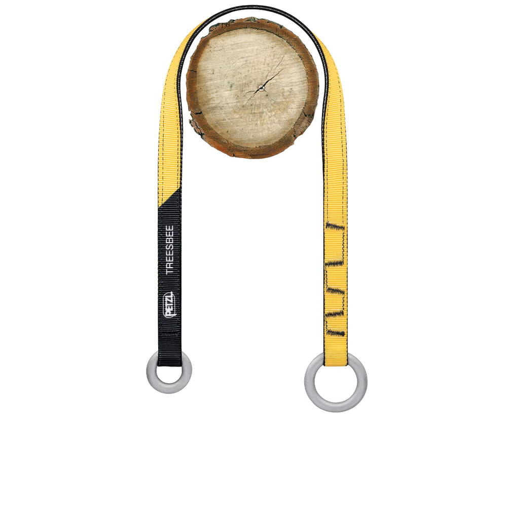 Treesbee - Offrande de Petzl, ruban jaune et noir avec deux anneaux gris et disque en bois au milieu