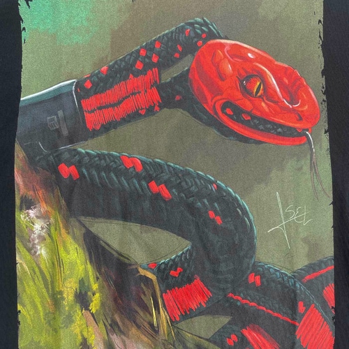 Gros plan du motif de serpent coloré sur une chemise de serpent ART noir avec des détails rouges et noirs et une zone de fond vert