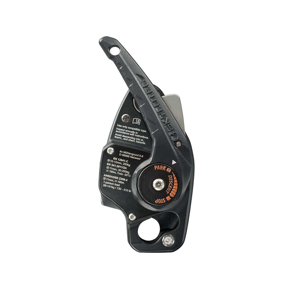 Sirius de Skylotec, dos du dispositif de corde noire avec levier, caractéristiques techniques et cadran orange