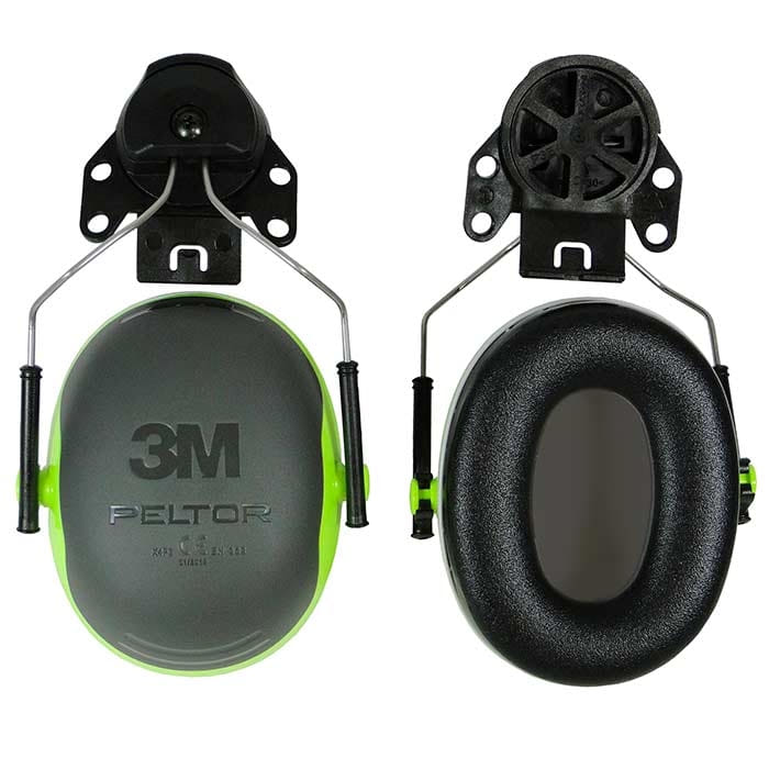 Protection auditive X4 Plug de 3M Peltor en gris et vert, avec branches et rembourrage noirs, vue avant avec logo 3M visible et vue arrière avec rembourrage intérieur noir