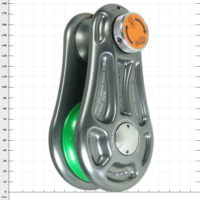 Impact Block S, métal gris avec roue de câble verte et bouton orange avec symbole de cadenas