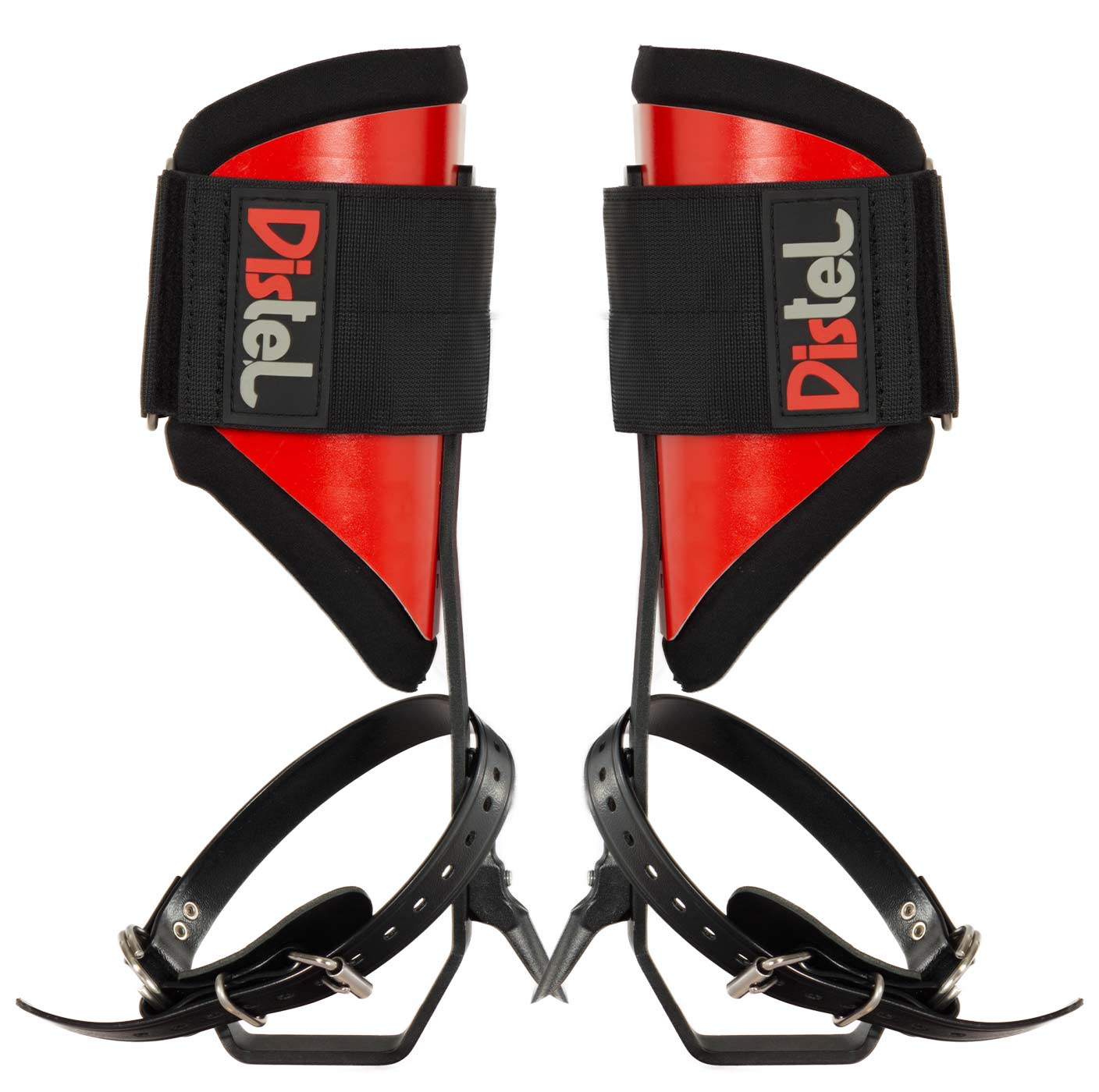 Distel Steel Classic, deux patins en métal rouge et noir avec sangles noires et l’inscription « Distel » sur les fermetures velcro noires