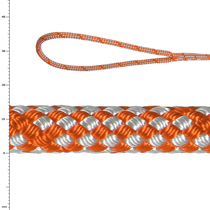 Corde Sirius Bull 14 S, corde tressée orange et blanche avec boucle à l’extrémité, gros plan du matériau et de la structure