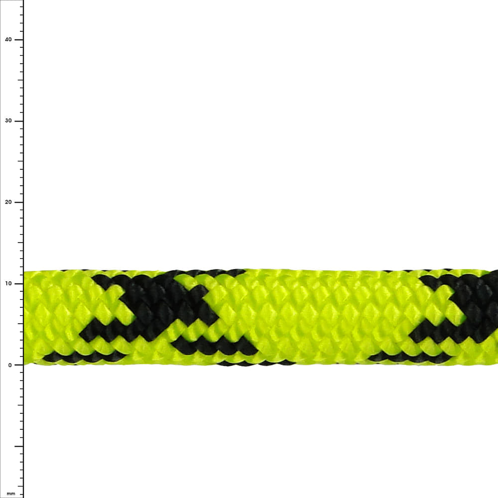 Corde Safe Plus en jaune avec motifs noirs, gros plan de la structure de la corde