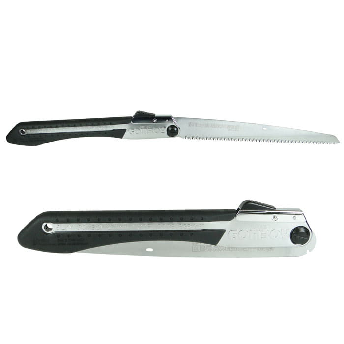 Gomboy 270-10 Scie pliante avec manche noir et lame argentée, nom du fabricant Gomboy visible