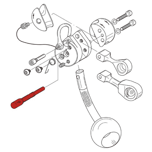 Dessin technique d’un schéma éclaté avec la vis de montage LockJack pour mâchoire de serrage surlignée en rouge, entourée d’autres composants en noir et blanc.