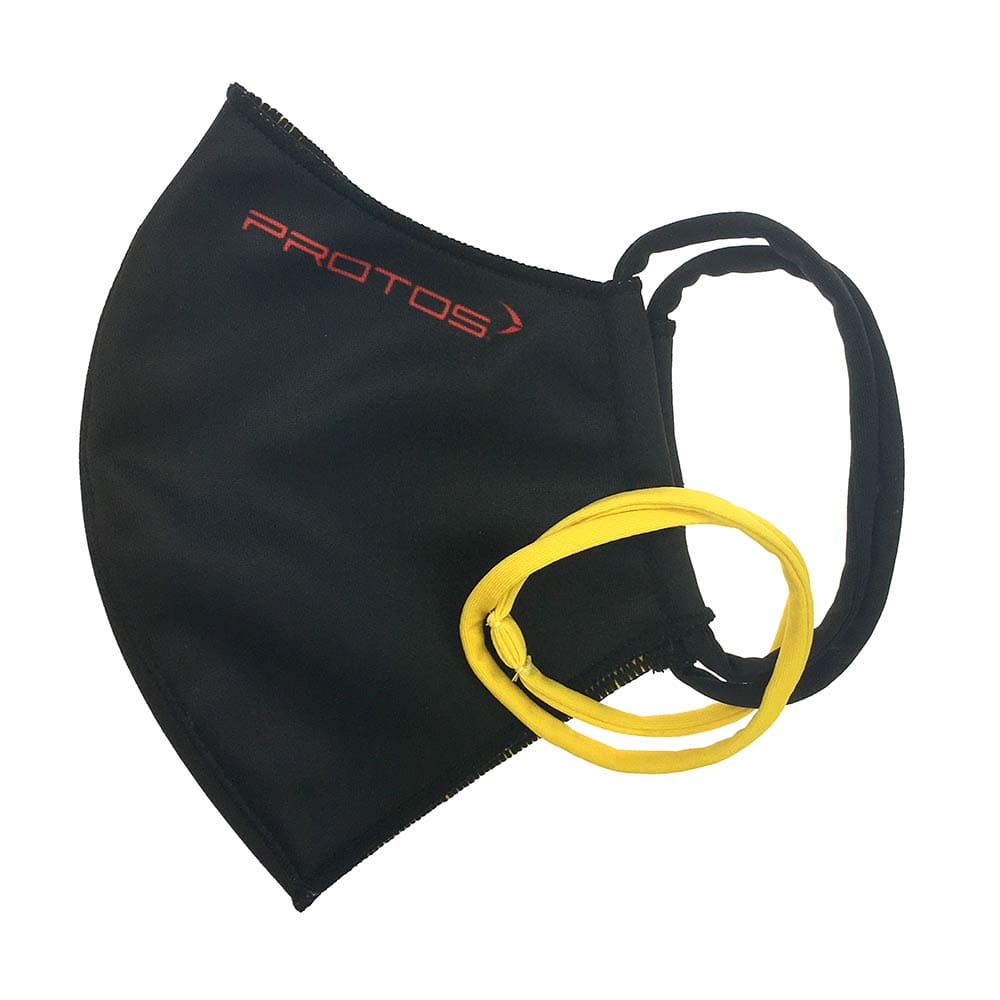 Masque réversible PFANNER® noir avec logo PROTOS rouge, élastique noir et deux élastiques jaunes supplémentaires