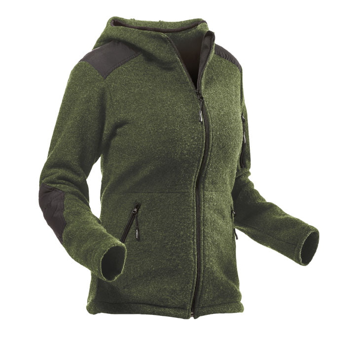 Veste à capuche Wooltec femme vert avec épaules et coudières noires, fermeture éclair et capuche
