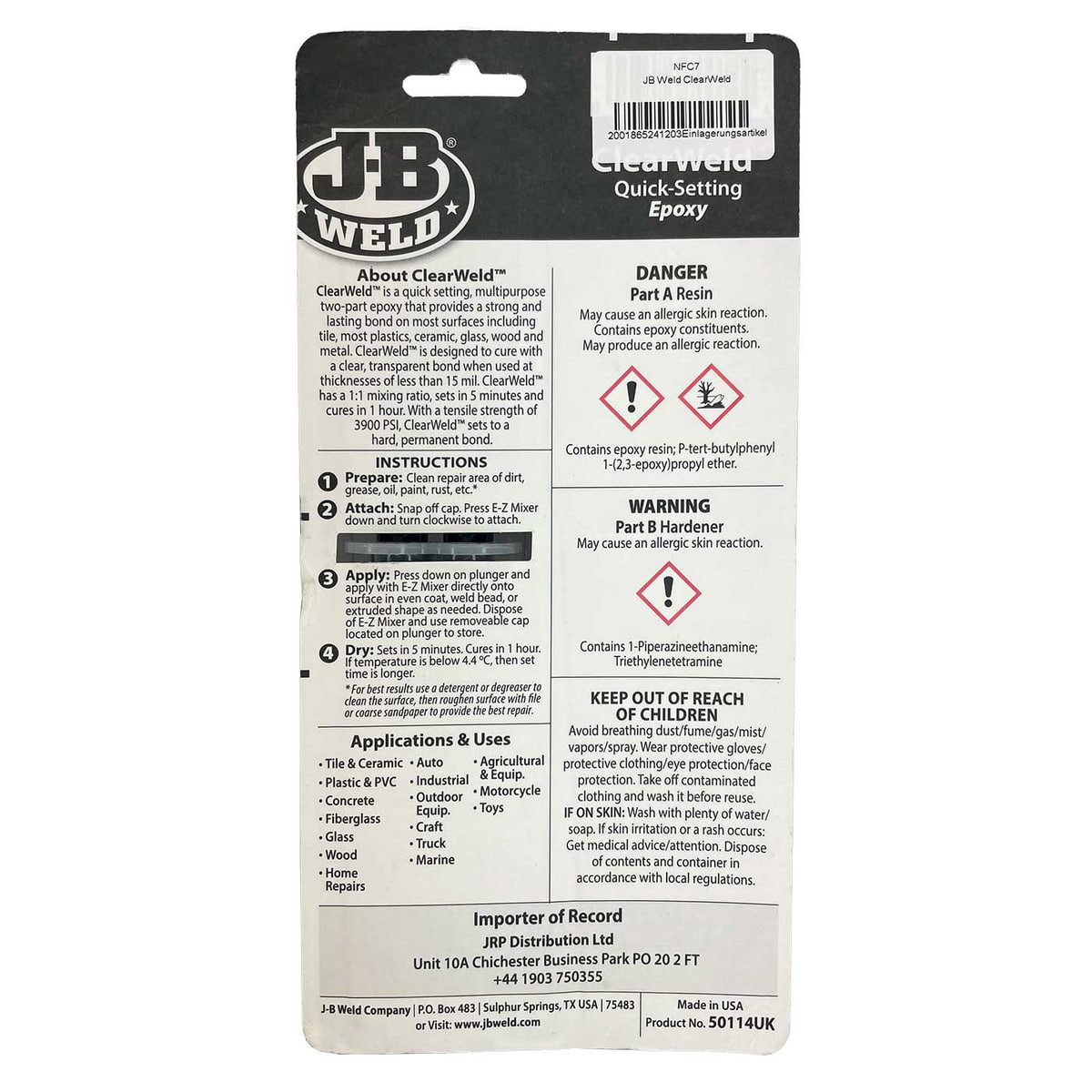 Dos de l’emballage époxy JB Weld ClearWeld Quick-Setting avec des instructions détaillées, des avertissements, des pictogrammes de danger et des domaines d’application, le tout en noir et blanc avec des informations sur le fabricant et l’importateur