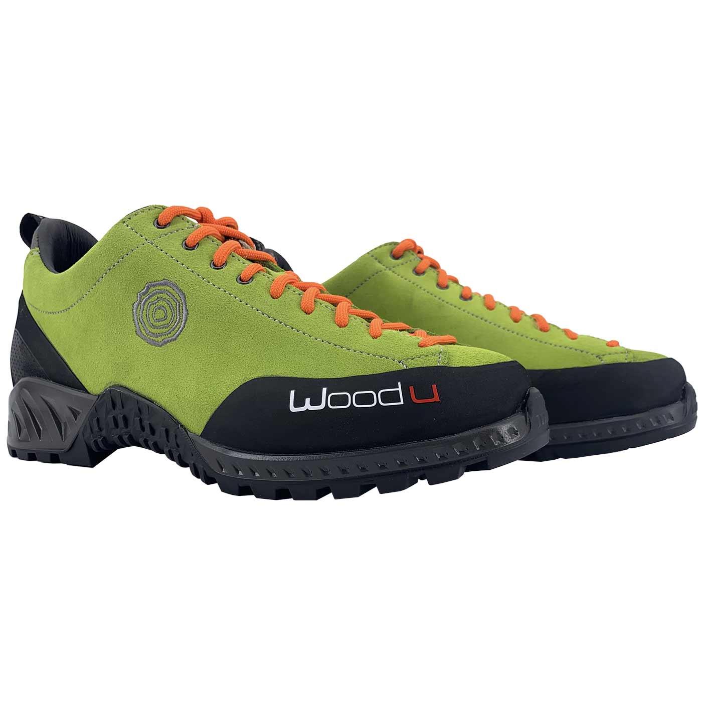 Woodu Feuille verte avec lacets orange, paire vue de face, fabricant Woodu
