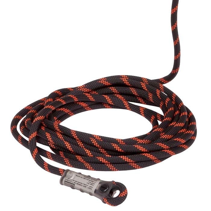 Fossy Set Uni 2, corde d’escalade à rayures noires et orange avec mécanisme de sécurité gris à une extrémité