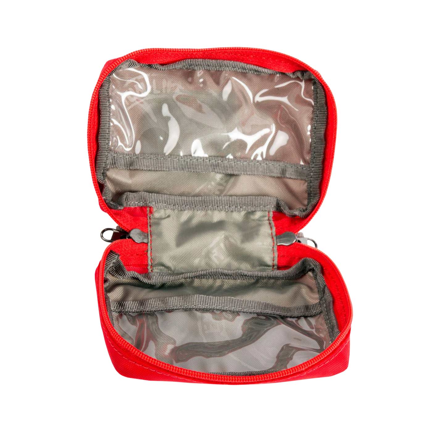 Trousse de premiers secours Tatonka First Aid XS rouge ouverte avec poches intérieures transparentes et grises