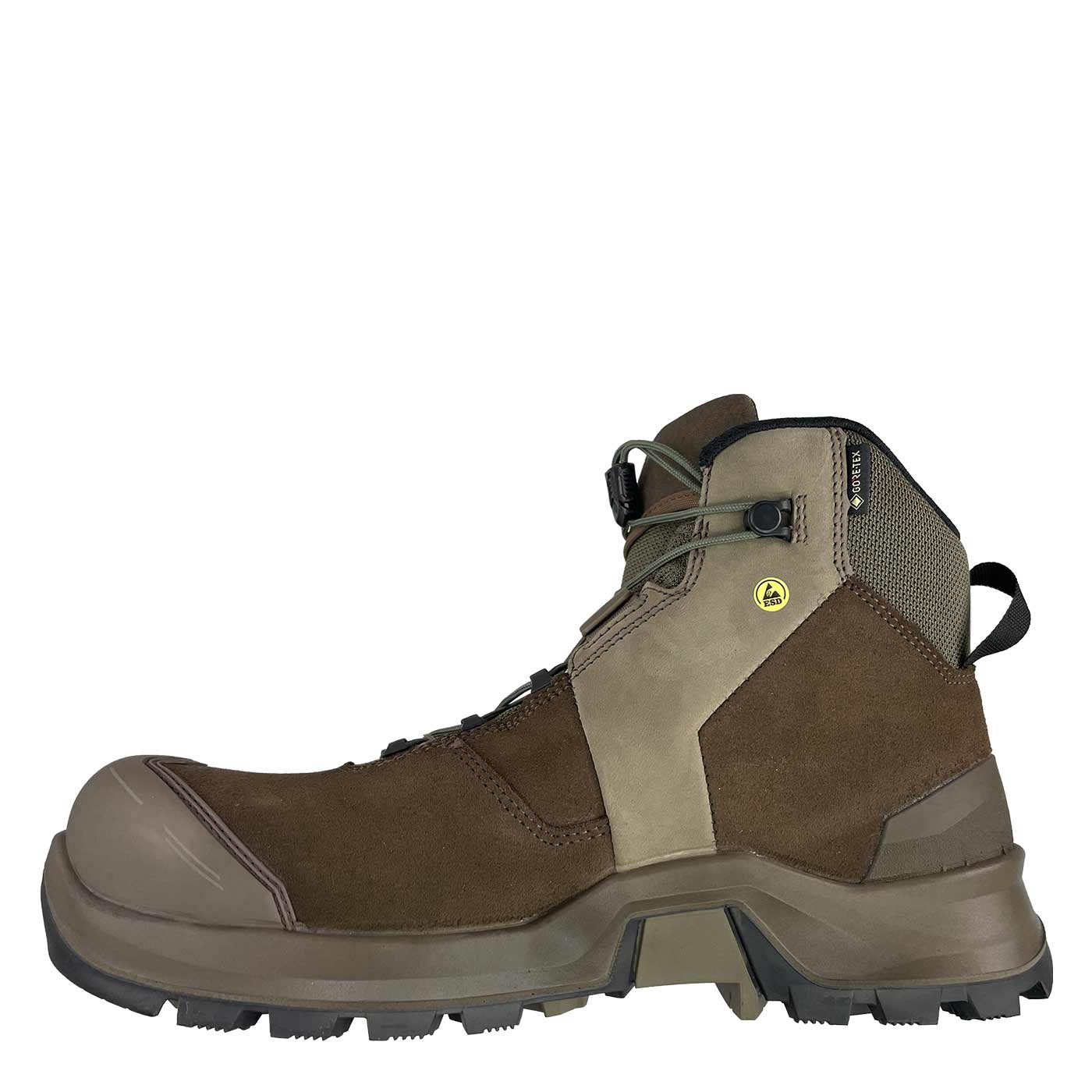 Chaussure de sécurité Connexis Safety+ GTX Mid marron avec logo GORE-TEX et ESD, vue latérale droite