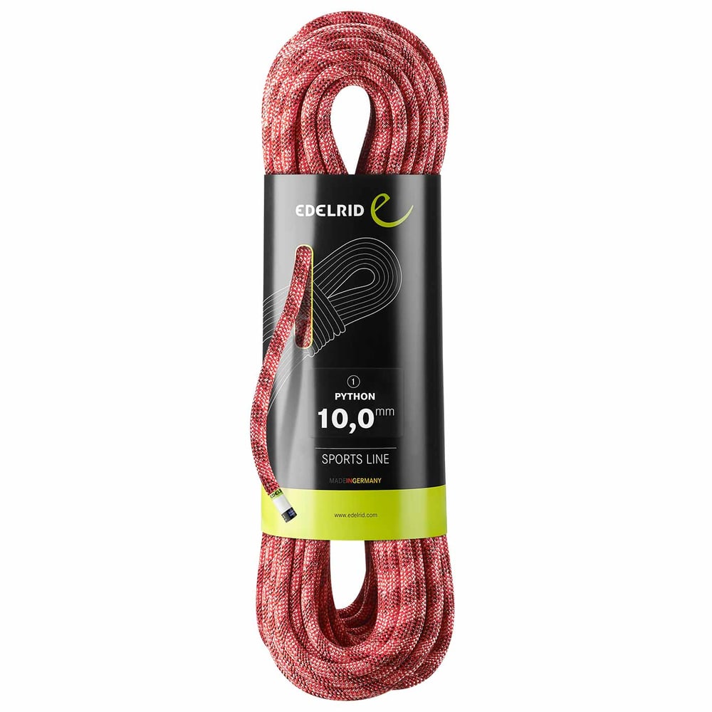 Corde d’escalade Edelrid Python rouge et blanc avec étiquette noire et dessous vert, emballée, diamètre 10,0 mm, Sports Line, Made in Germany