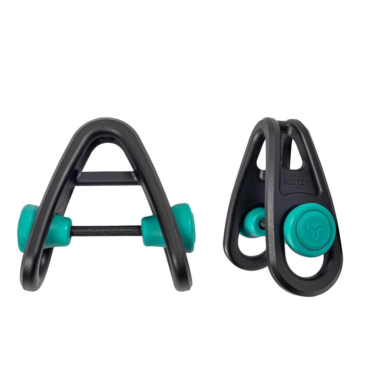 Produit sidekick en noir avec deux boutons turquoise et un cordon noir entre les deux, vue de face et de côté