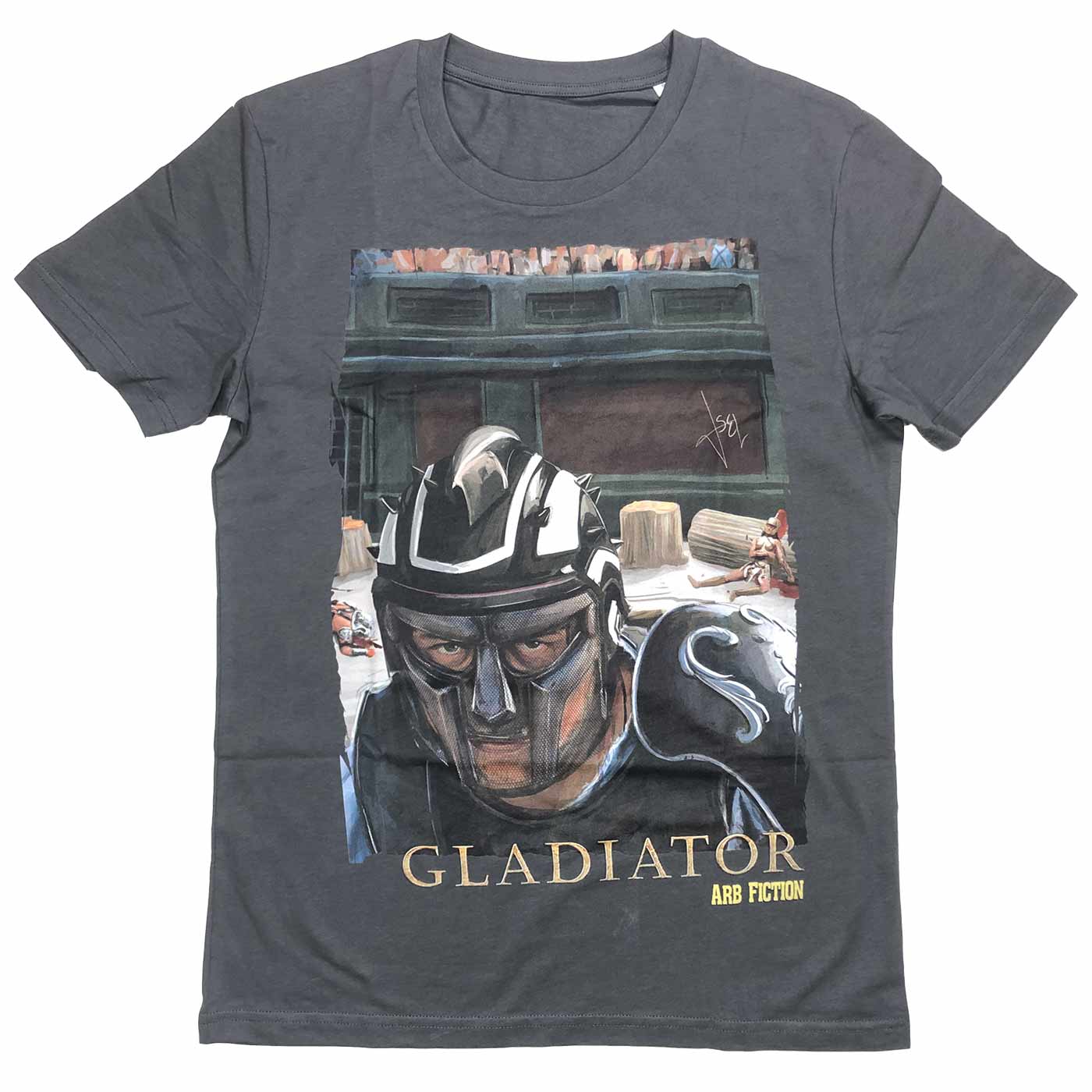 T-shirt Gladiator gris avec un imprimé gladiateur avec casque et lettrage « GLADIATOR ARB FICTION » sur fond blanc