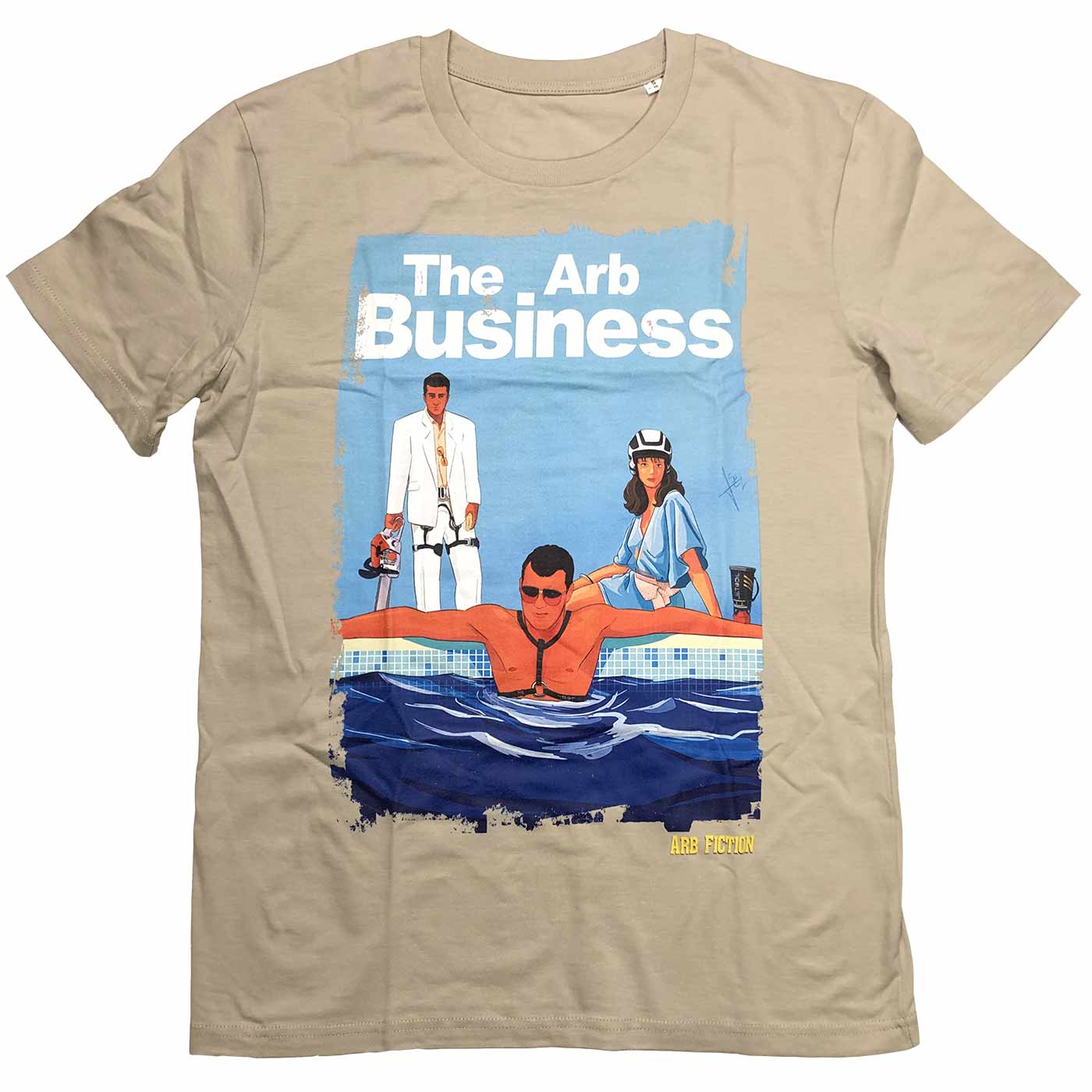 T-shirt beige avec imprimé « The Arb Business » et une illustration de trois personnes, l’une dans l’eau, les deux autres au bord de la piscine, nom du produit Arb Business