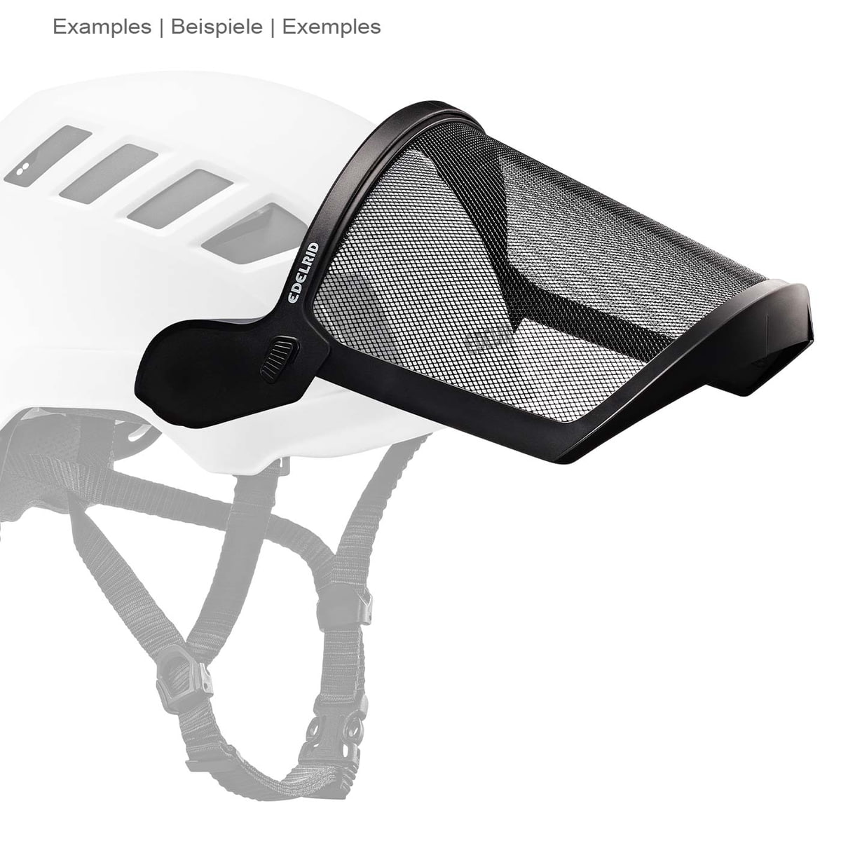Edelrid Visor Mesh avec cadre noir et tissu en maille fixé au casque blanc en vue latérale