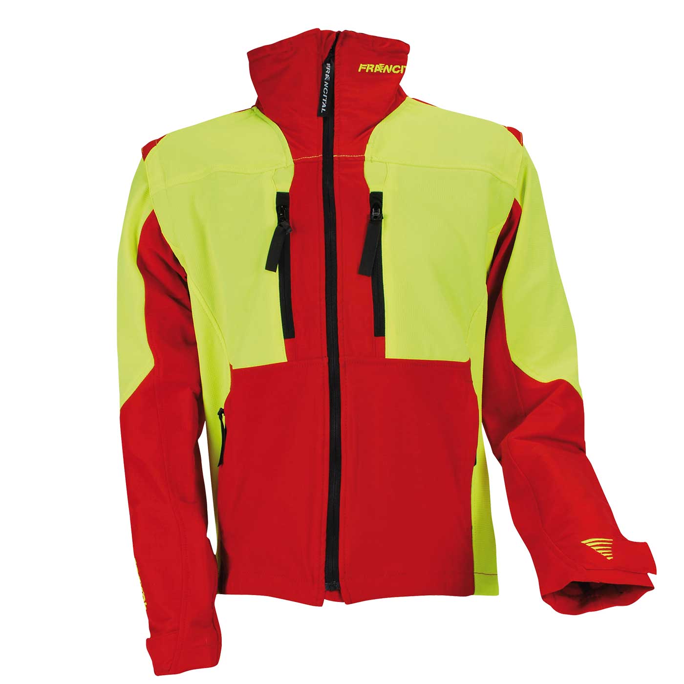 Veste Aigoual R rouge et jaune avec deux poches avant zippées noires et col montant