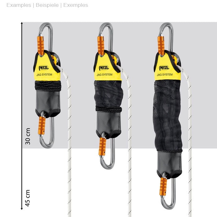 Trois systèmes Petzl JAG côte à côte de différentes longueurs avec des dimensions de 30 cm et 45 cm, chacun avec une corde blanche, une étiquette jaune, un sac en maille noire et deux mousquetons argentés avec des fermoirs orange