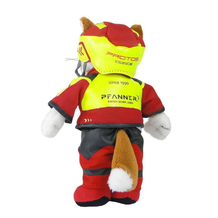 Figurine en peluche Wiffzack de dos avec veste rouge et jaune, pantalon rouge, casque rouge avec détails jaunes et queue marron avec pointe blanche