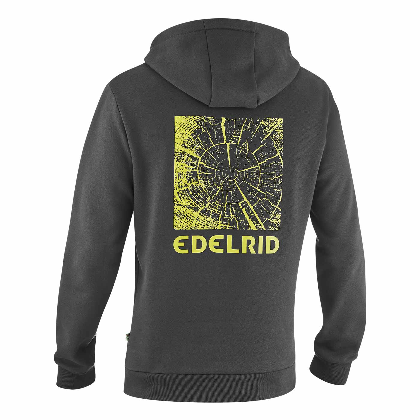 Sweat à capuche Grounder en gris foncé avec capuche montre le dos avec grand imprimé tronc d’arbre jaune et lettrage EDELRID