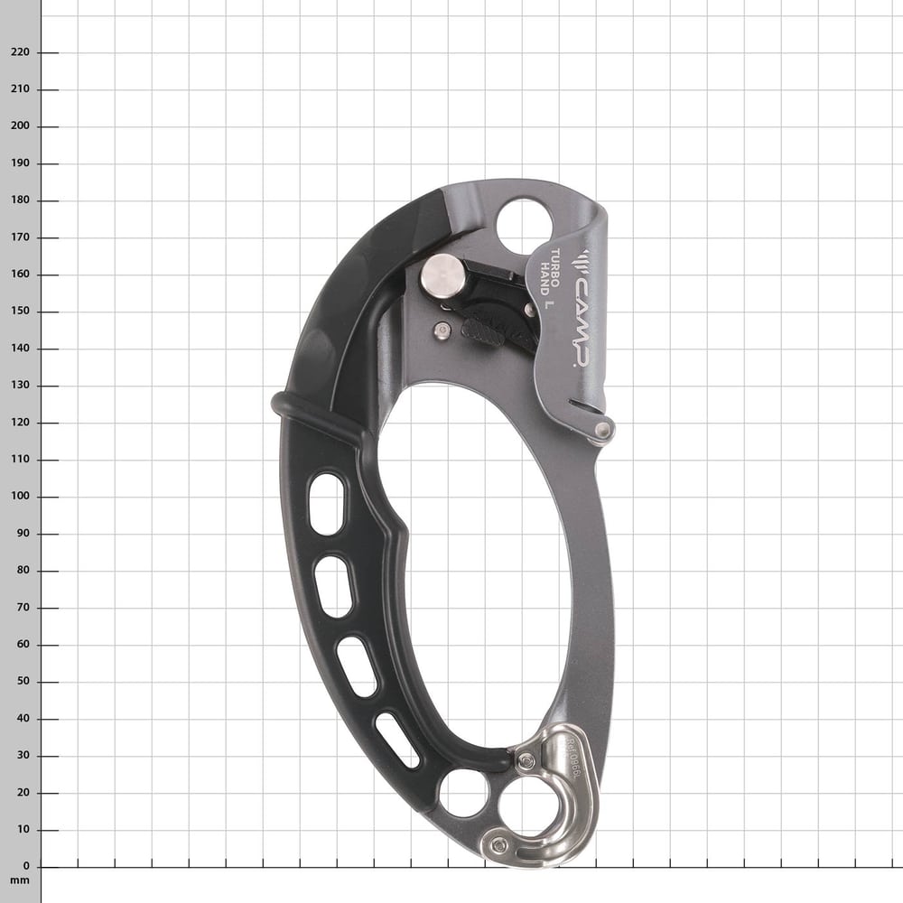 Turbohand Pro L de CAMP, gant de via ferrata gris et noir avec pièces métalliques, sur fond à carreaux
