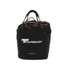 Bucket Mule de Teufelberger, sac rond noir avec deux poignées noires et fermeture à cordon rouge, devant avec logo Teufelberger blanc et inscription « AMBASSADOR LINE »
