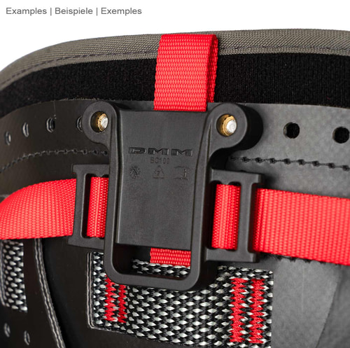 Caïman de DMM, ruban rouge avec support en plastique noir sur ceinture noire avec surpiqûres rouges