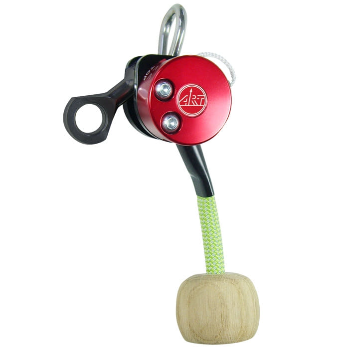 LockJack 2 Basic by ART, corps rond en métal rouge avec deux vis, levier noir, corde verte et blanche et poignée ronde en bois