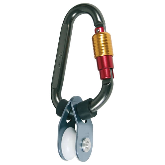 Caoutchoucs de fixation, deux anneaux en caoutchouc noir sur un câble en métal gris avec rouleau blanc et mousqueton noir avec fermeture rouge et or