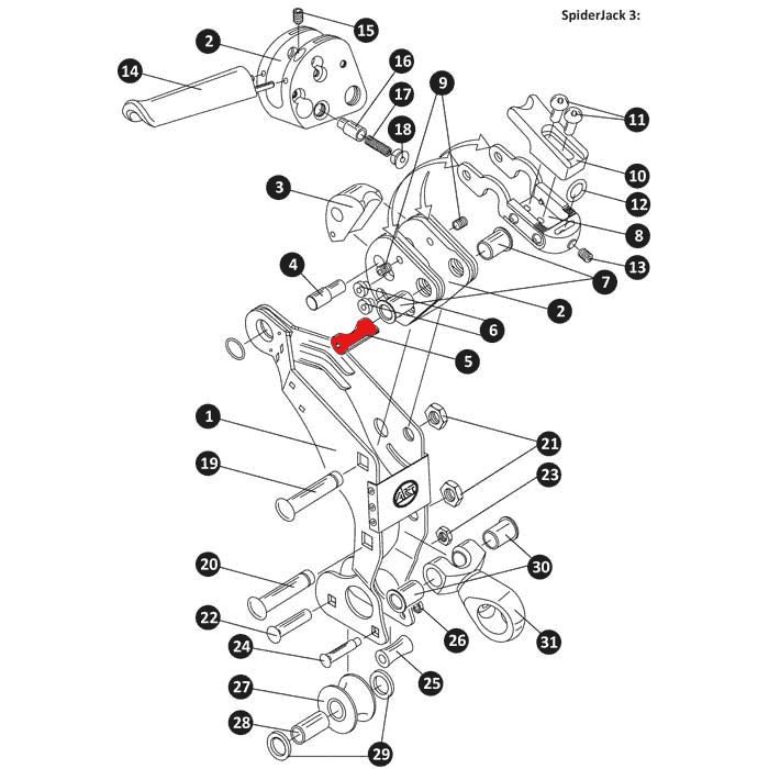 Dessin technique du SpiderJack 3 avec les pièces individuelles numérotées, le boulon d’usure est surligné en rouge et représenté en position centrale dans le mécanisme