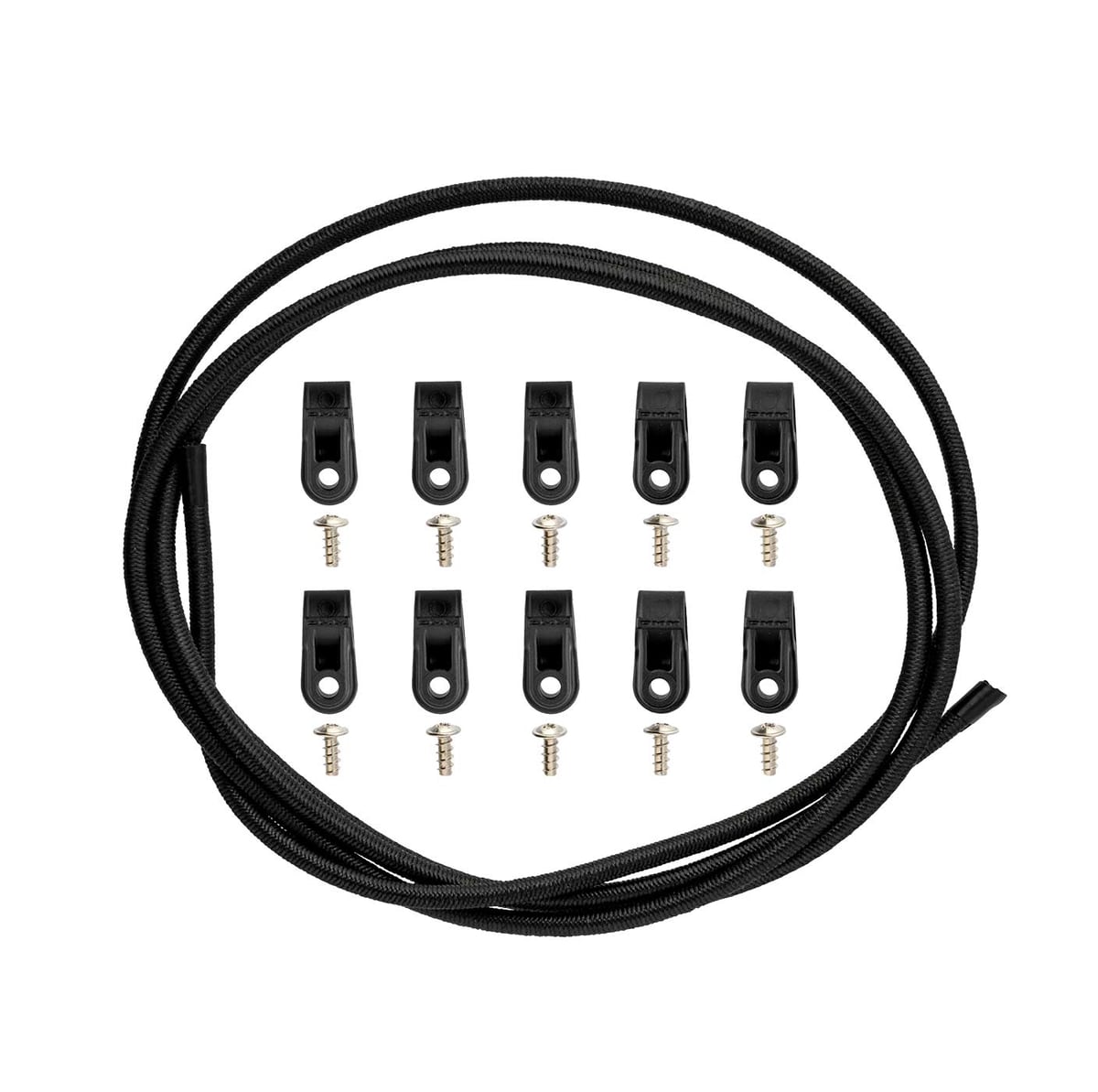 Corde noire de tendon avec dix supports noirs et dix vis sur fond blanc