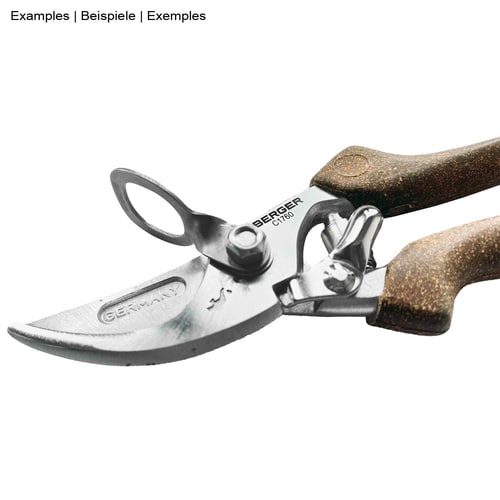 Oeil de mousqueton ArboRapid de Berger, anneau en métal argenté avec petit œillet, fixé à une paire de sécateurs avec poignées marron et gravure « BERGER » sur la lame