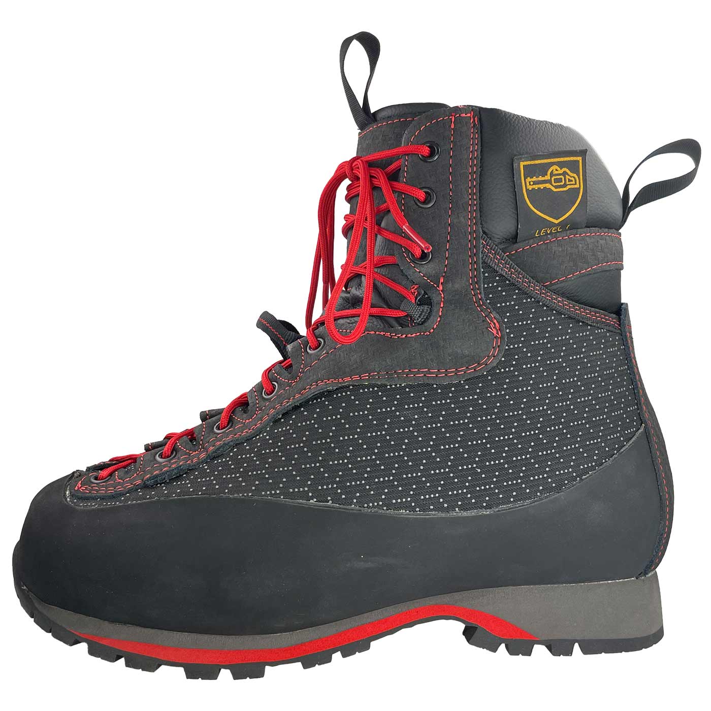 Chaussure d’élagage Xlight en noir avec lacets rouges, vue latérale avec logo du fabricant sur la tige