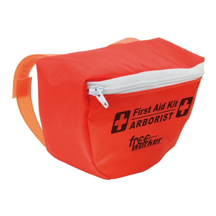 Trousse de premiers secours Freeworker, trousse de premiers secours rouge avec fermeture éclair blanche et inscription « First Aid Kit ARBORIST freeworker » sur le devant, avec sangle velcro orange