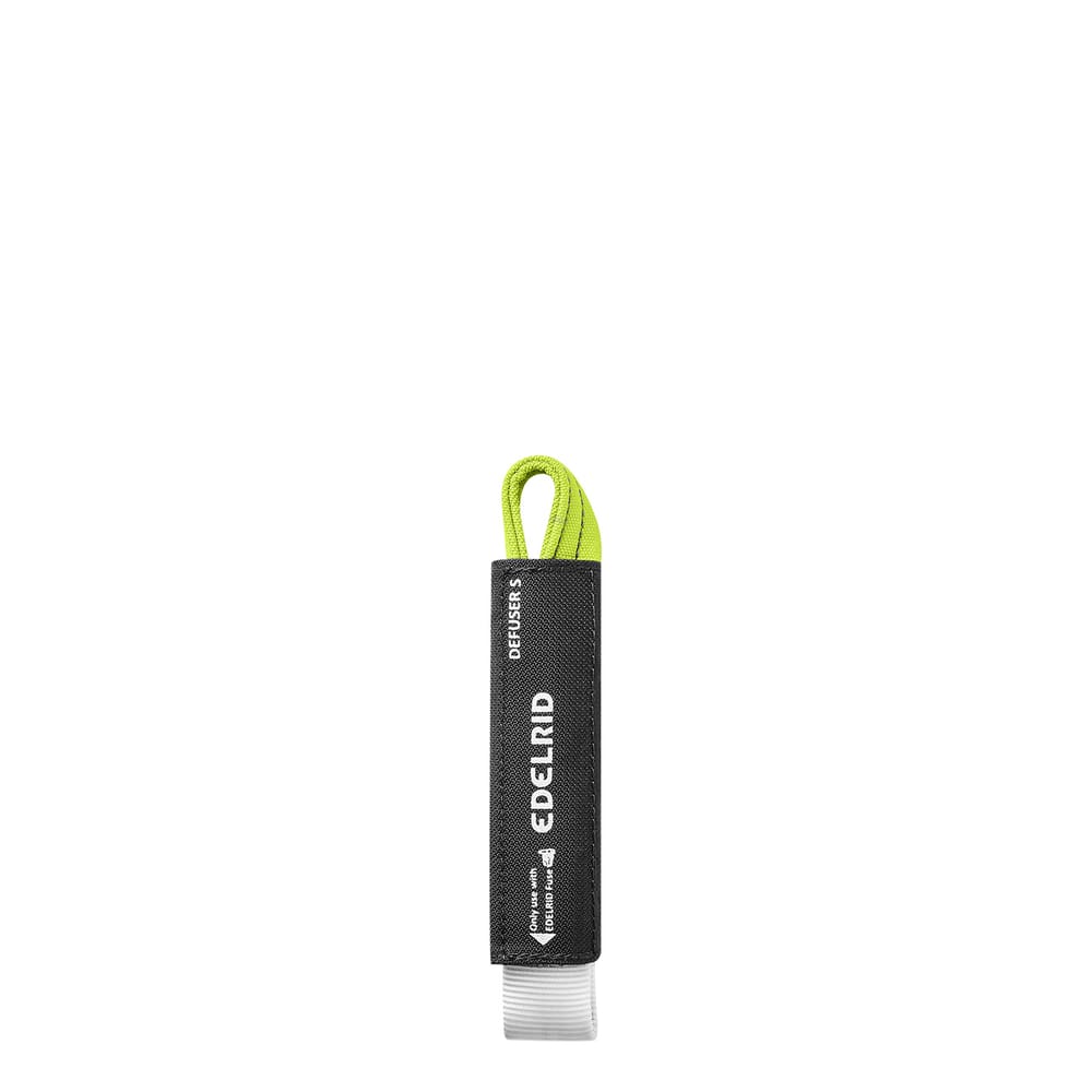 Désamorceur S d’Edelrid, protection noire avec boucle verte et ruban blanc