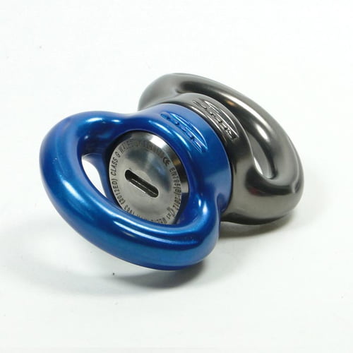 Axe Swivel S, gros plan du point de connexion rotatif avec cylindre métallique visible, bleu et noir, couché sur fond blanc